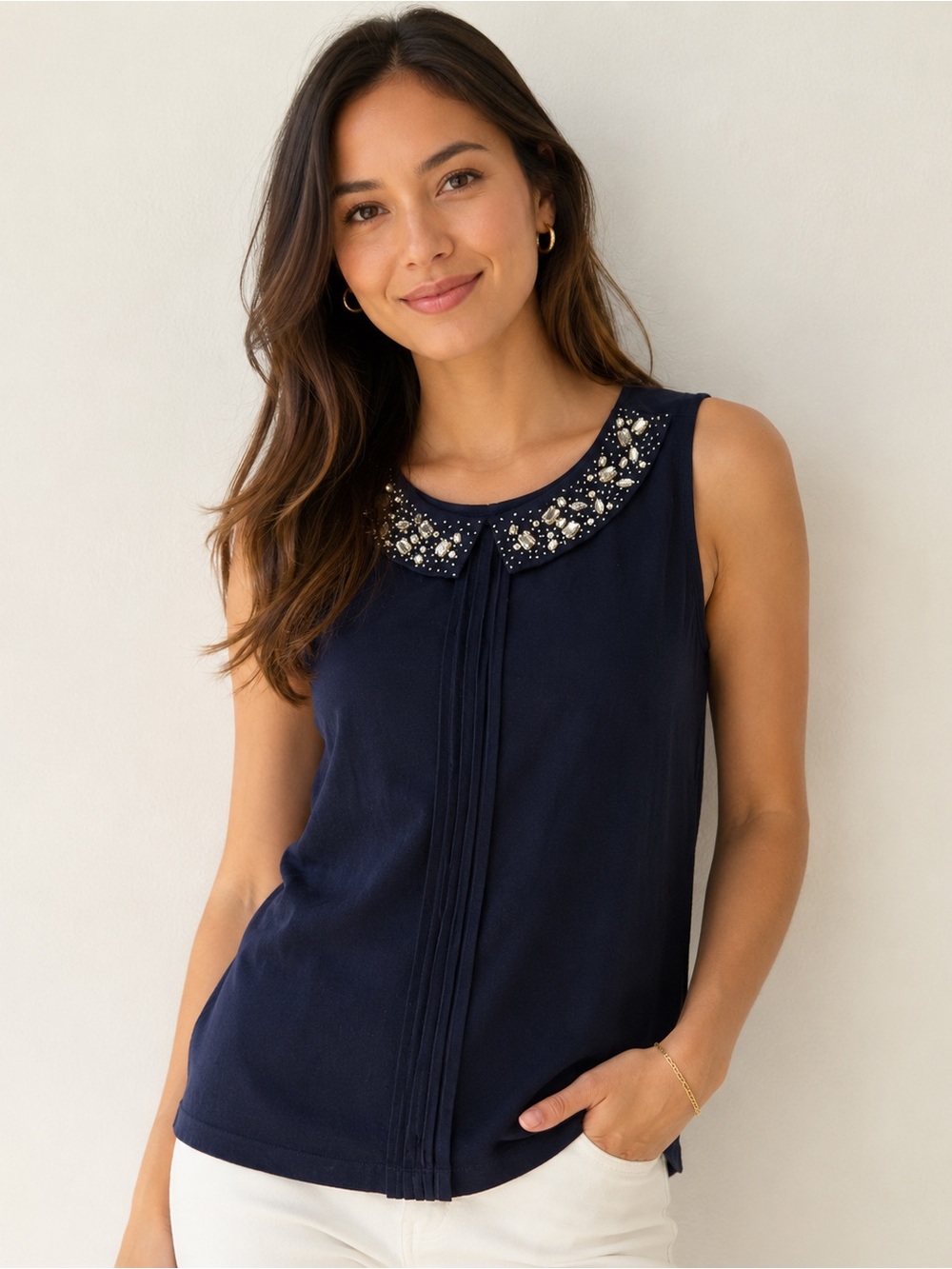 LOFT Black Embellished Collar Women's Top sz M, pleated embellished